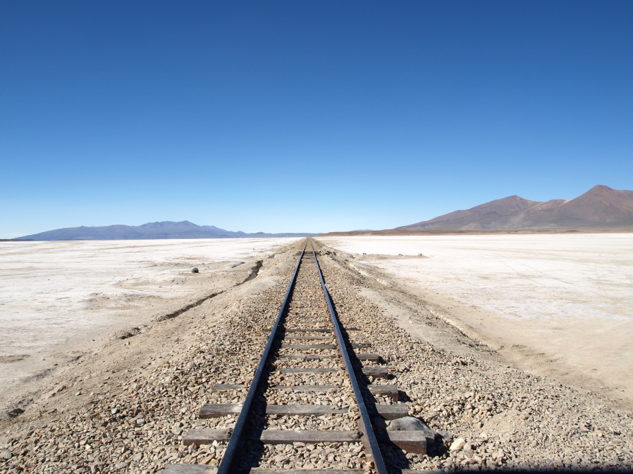 Railroad tracks through Salar de Uyuni, Bolivia